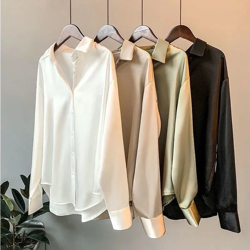 Chemise en soie pour femmes, chemisier Vintage, haut transparent, manches longues, grande taille, surchemise, automne 2022