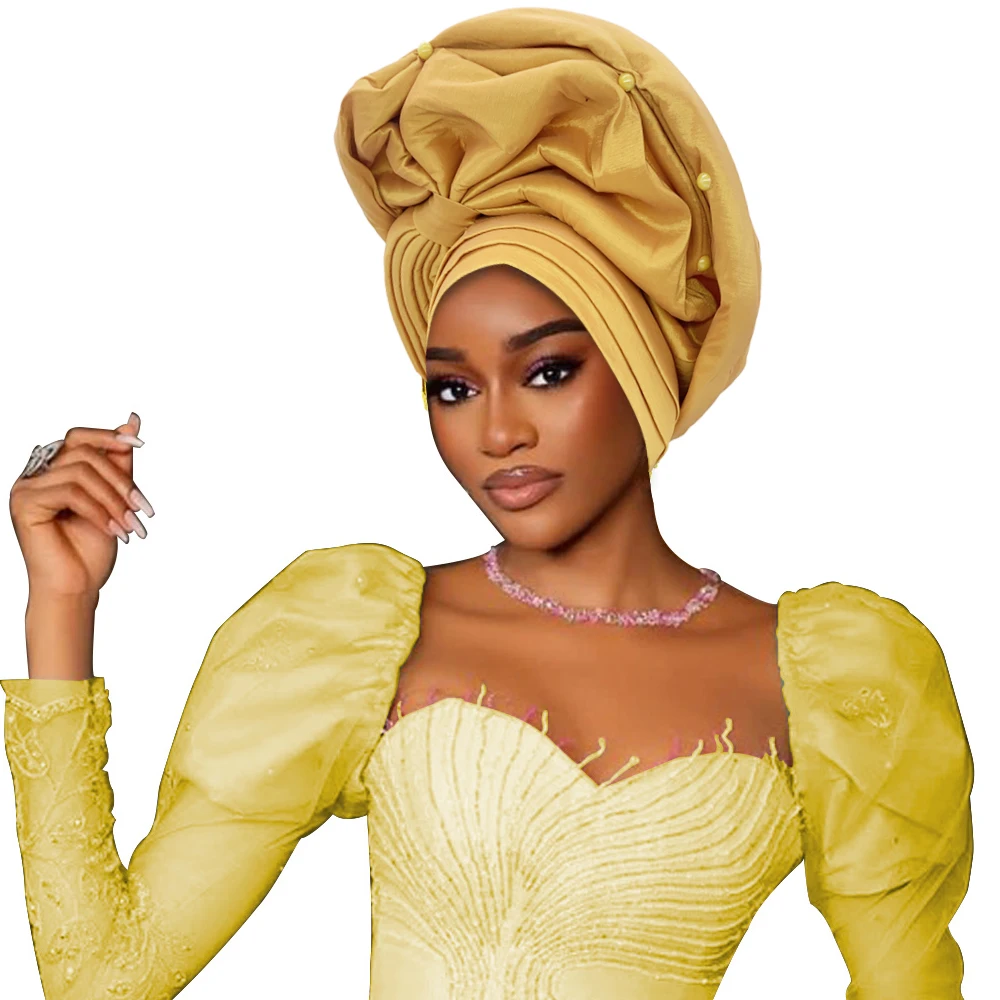 Bonnet Turban en soie brute pour femmes africaines, couvre-chef pour fête de mariage du Nigeria, prêt à porter, cravates