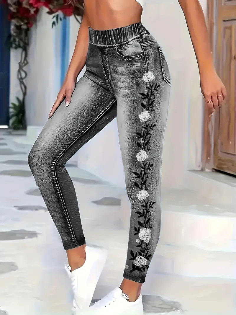 Leggings élégants en faux denim imprimé pour femmes, mode printemps-automne