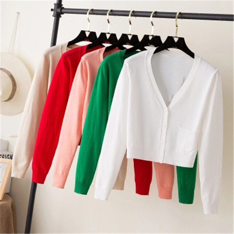 Cardigan court col en V pour femmes, manches longues, en coton, pulls, manteau fin, tricots de printemps