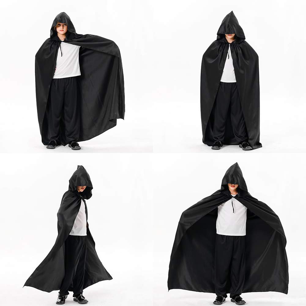 Cape à capuche unisexe, cape de sorcière à capuche, robe noire pour femmes, hommes, enfants, costumes de cosplay d'Halloween, performance de Noël
