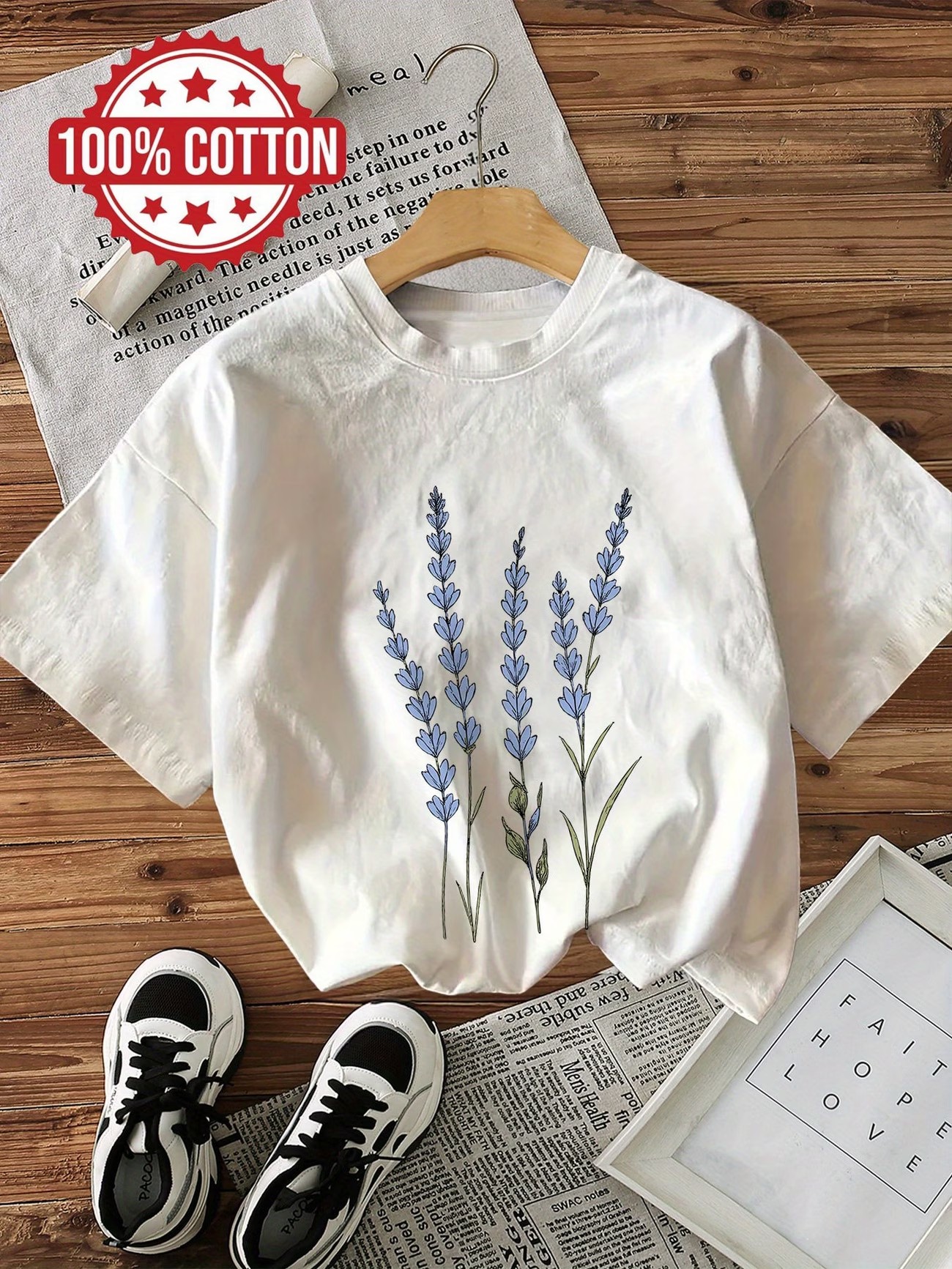 T-shirt décontracté en coton 100% pour femme, imprimé floral, col rond, manches courtes, style vintage, motif floral