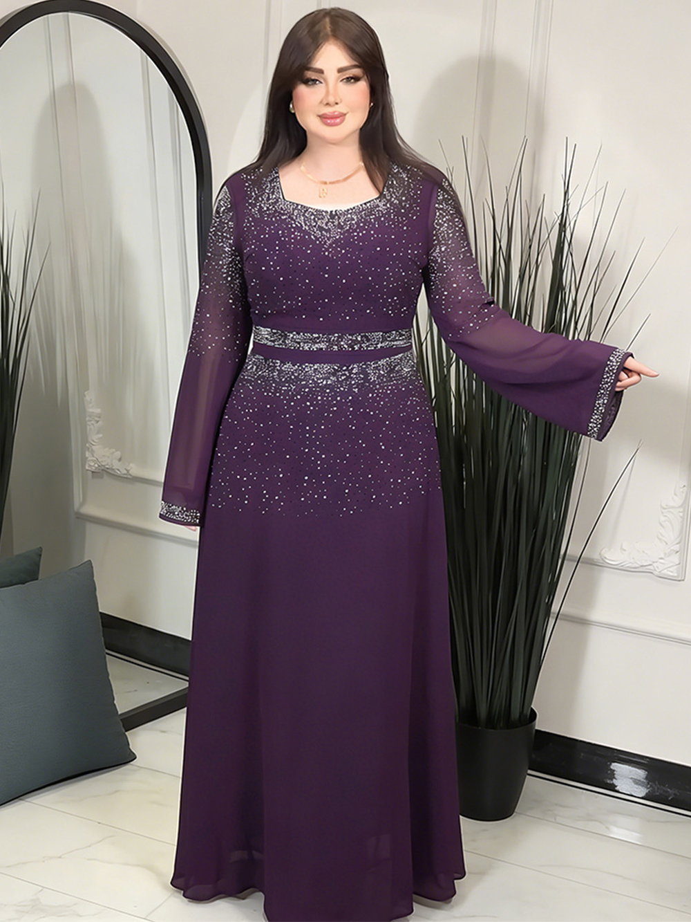 Robe élégante en mousseline de soie pour femme 2026, robe de soirée de luxe à manches longues ornée de diamants, robe de mariée, caftan musulman Abaya pour Ramadan, Dubaï