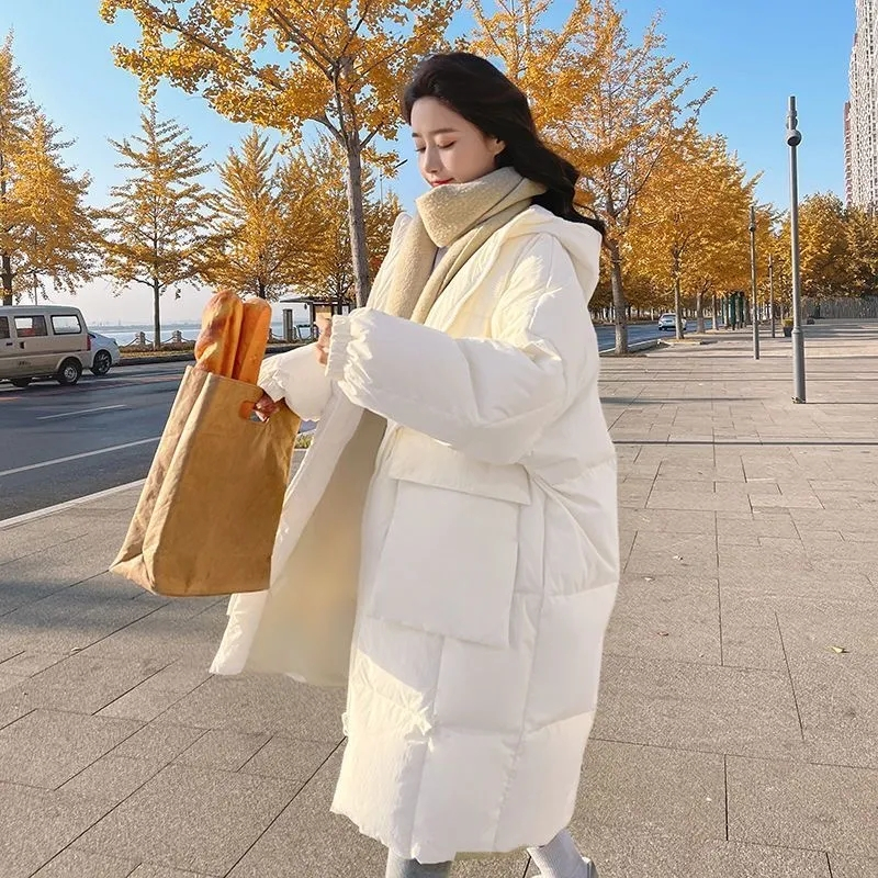 Veste d'hiver coréenne pour femme, parka ample à capuche en coton rembourré, longue doudoune épaisse surdimensionnée, manteaux bouffants, nouvelle collection 2024