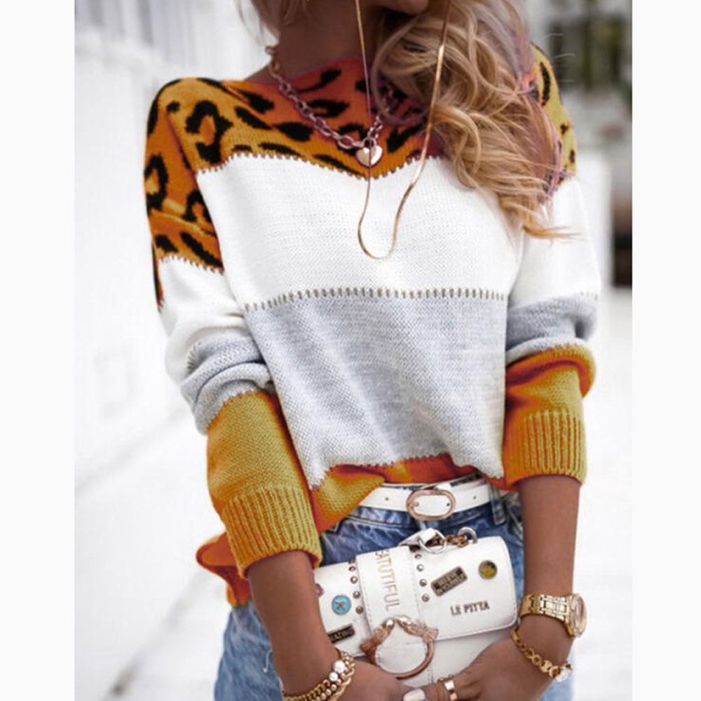 Femmes imprimé léopard pulls amples printemps automne col rond à manches longues pulls tricotés OUFY-202100104