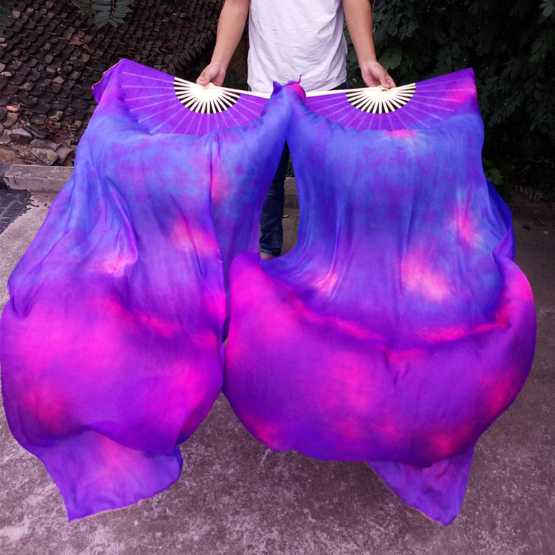 Voiles d'éventail en soie 100% véritable pour danse du ventre, 1 paire/2 pièces, voile d'éventail en soie teint par nouage pour spectacle sur scène, éventail d'entraînement pour filles adultes