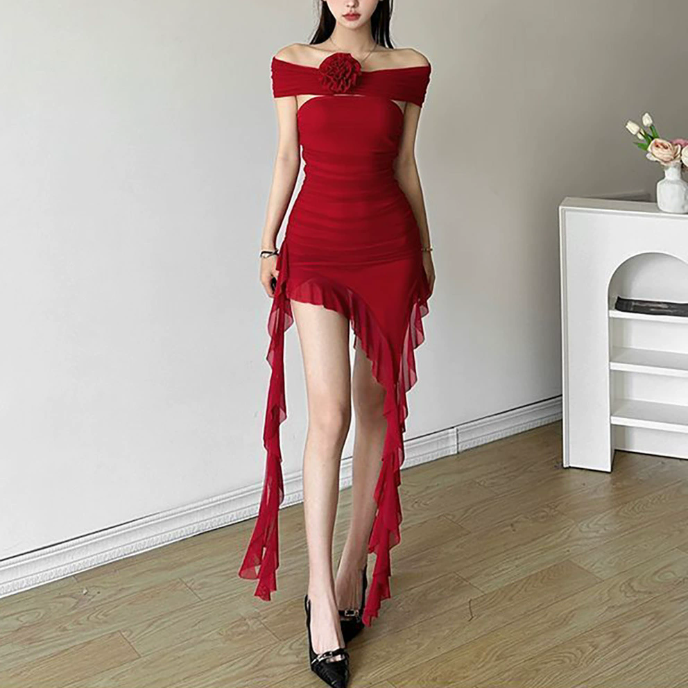 Dentelle épissage Sexy Perspective robe femmes irrégulière sans manches bord robe été longue fête vacances robe de soirée