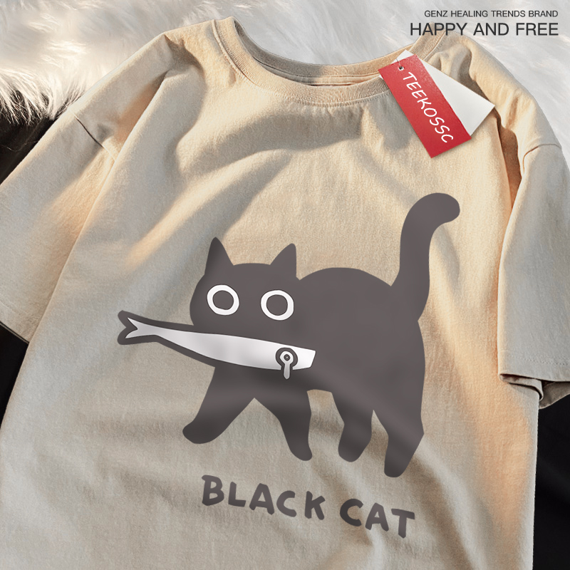Amusant un chat noir mangeant du poisson Style japonais hommes femmes T-Shirt mode impression T-Shirt respirant surdimensionné T-Shirts vêtements en coton