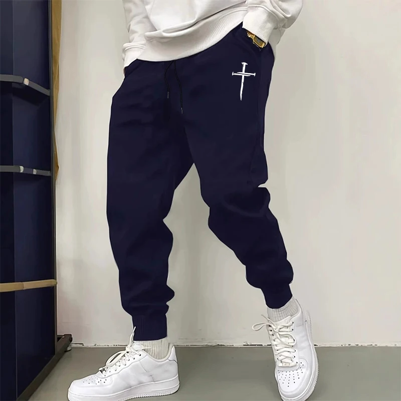 2025 nouveauté pantalons de survêtement pour hommes de haute qualité automne hiver quotidien sport décontracté pantalons de survêtement salle de sport mâle croix imprimé pantalon
