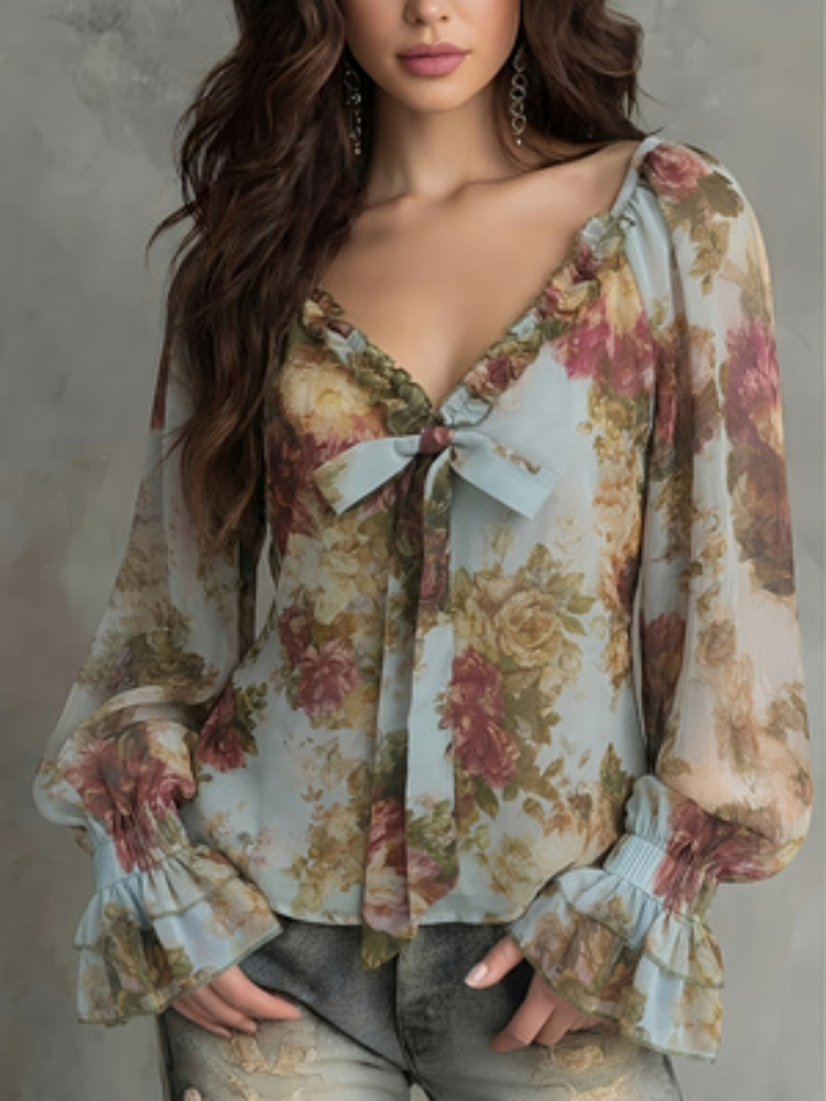 Chemise à imprimé floral vintage pour femmes, col en V avec manches bouffantes, haut en mousseline de soie, style élégant rétro