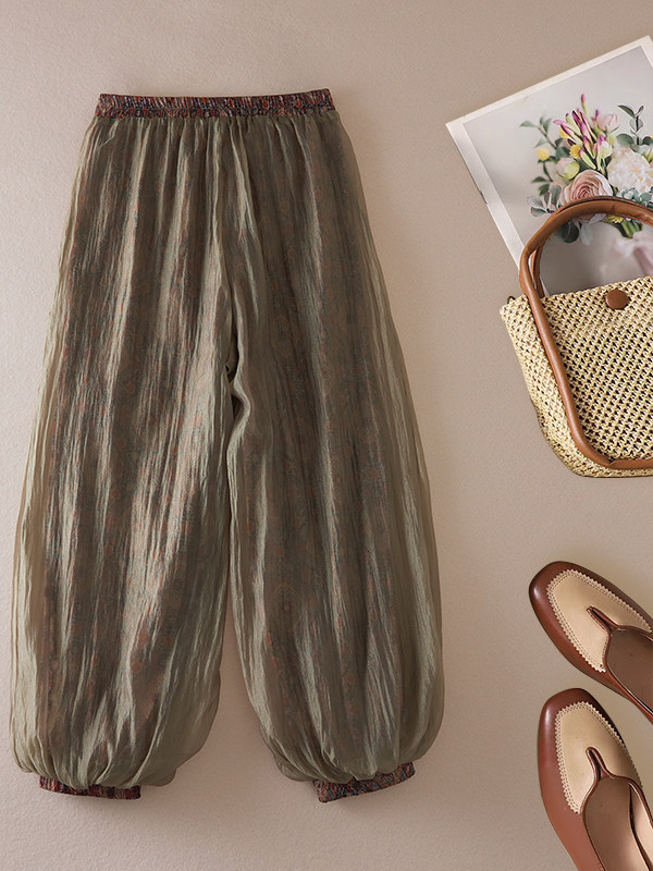 Pantalon Bohème à Imprimé Floral pour Femme, en Lin, Coupe Ample, Taille Élastique, Doux et Confortable, Style Vintage, Tendance Estivale Décontractée, Coupe Lanterne