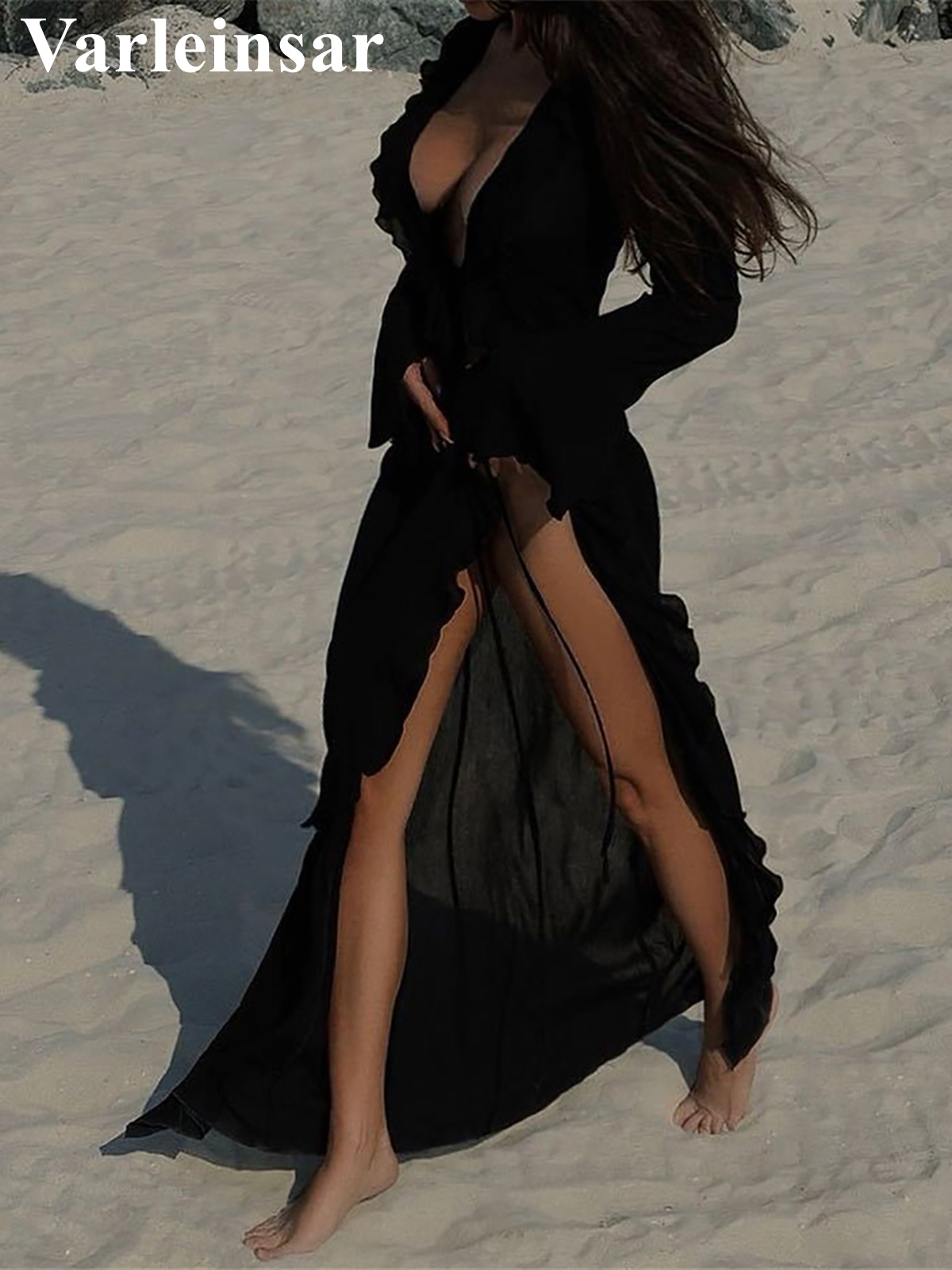Robe à volants et manches longues pour femmes, col en V, tunique en mousseline de soie, Cover-Up pour la plage, protection solaire, vêtements de plage, vacances, V5976B