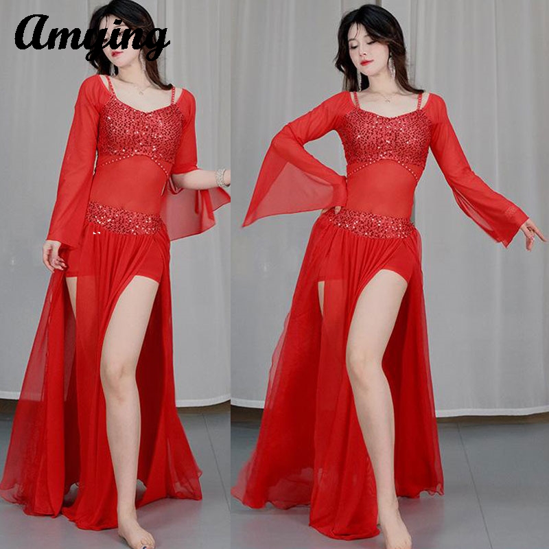 Ensemble de costumes de danse du ventre, nouvelle maille à paillettes, Costume de spectacle sur scène, jupe longue de danse orientale, vêtements d'entraînement pour la pratique de la danse