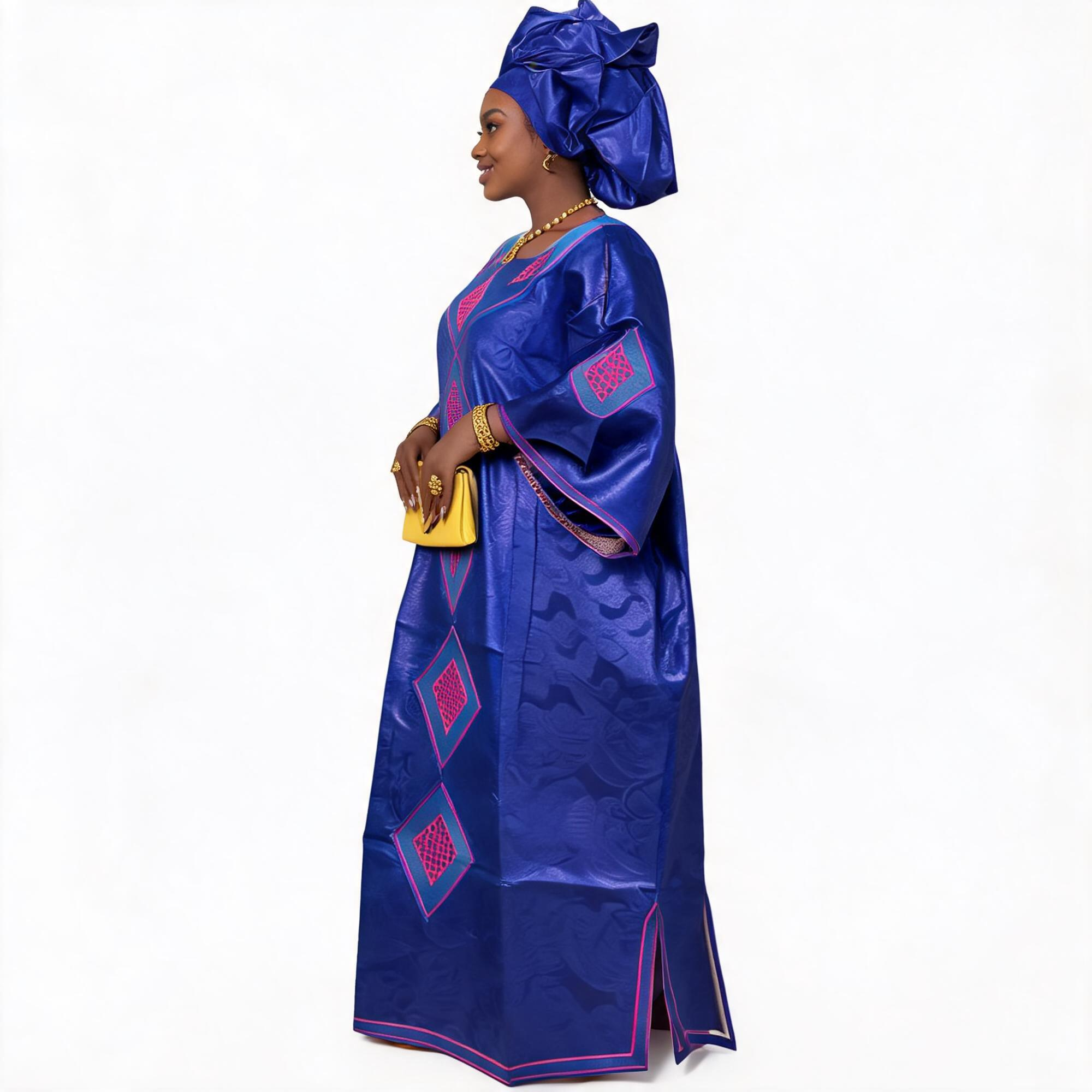 Robes africaines pour femmes, grandes tailles, en tissu Bazin Riche, avec broderies, robe longue et écharpe.