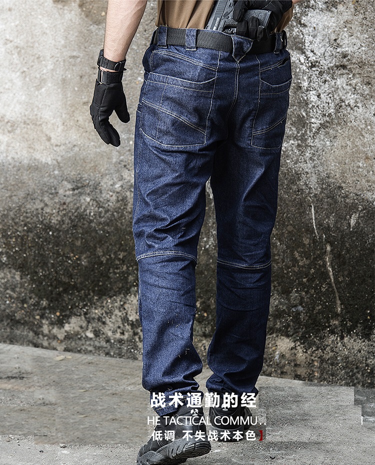 Jean tactique en Denim pour hommes, pantalon extensible, confortable, pleine longueur, multi-poches, Leggings aux genoux