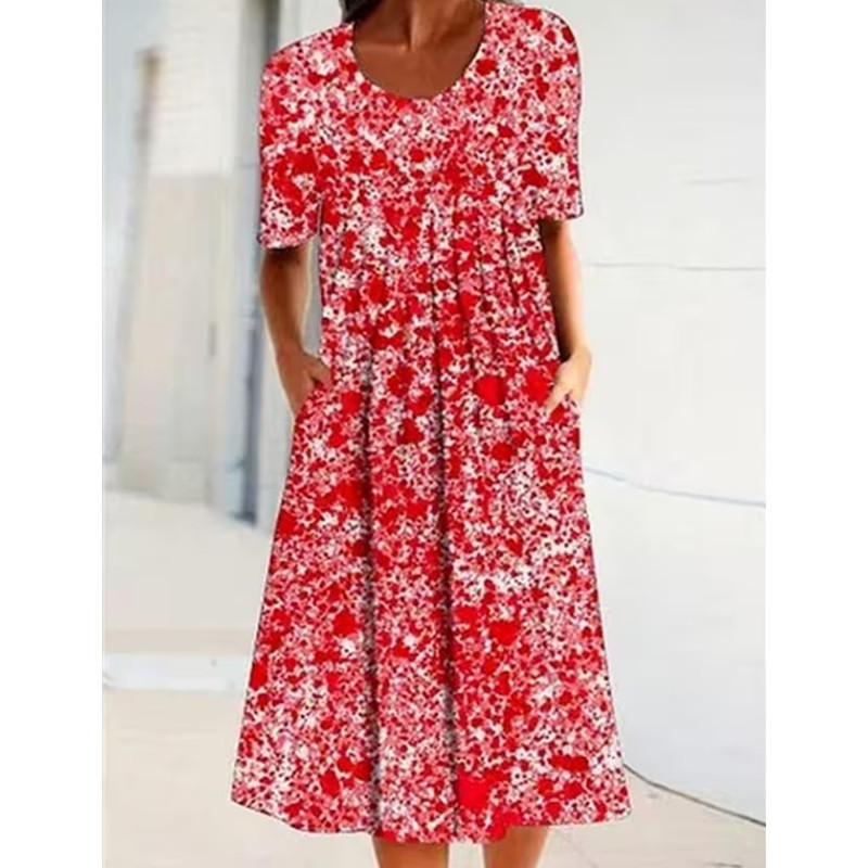 Robes pour femmes 2026 Printemps-Été, imprimé floral, manches courtes, col rond, poches, longueur genou, pour vêtements féminins