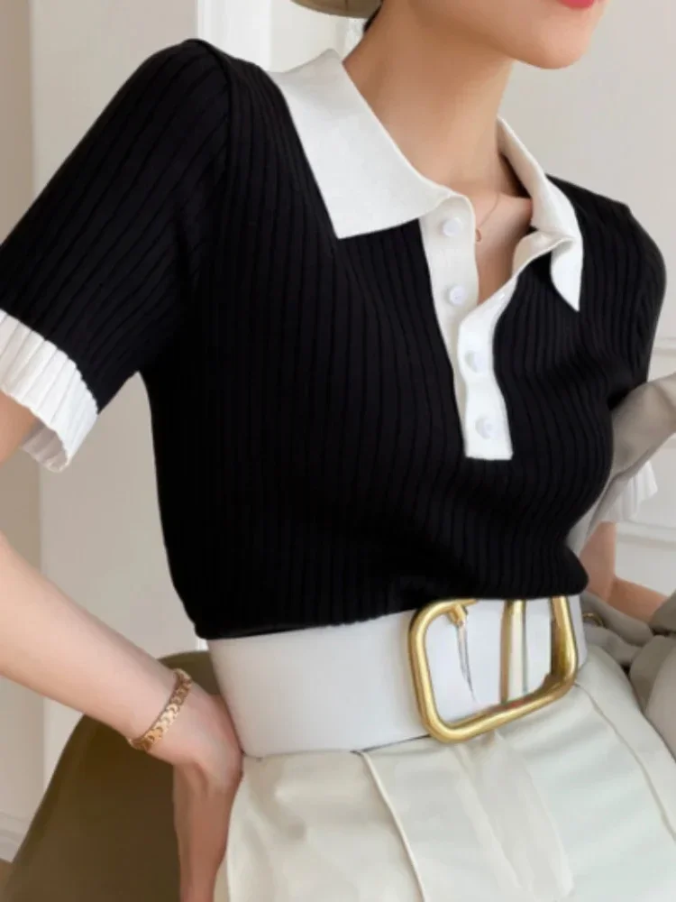 T-shirts d'été tendance pour femmes, T-shirt polo ajusté pour femmes, T-shirt en soie glacée tricoté à col, Crop top élégant en tricot