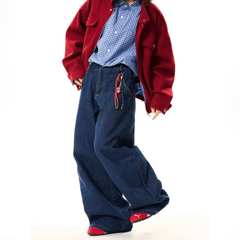 Nouveau coréen rétro bleu jambe droite jean décontracté ample jambe large pantalon mode hommes large jean haute qualité pantalon