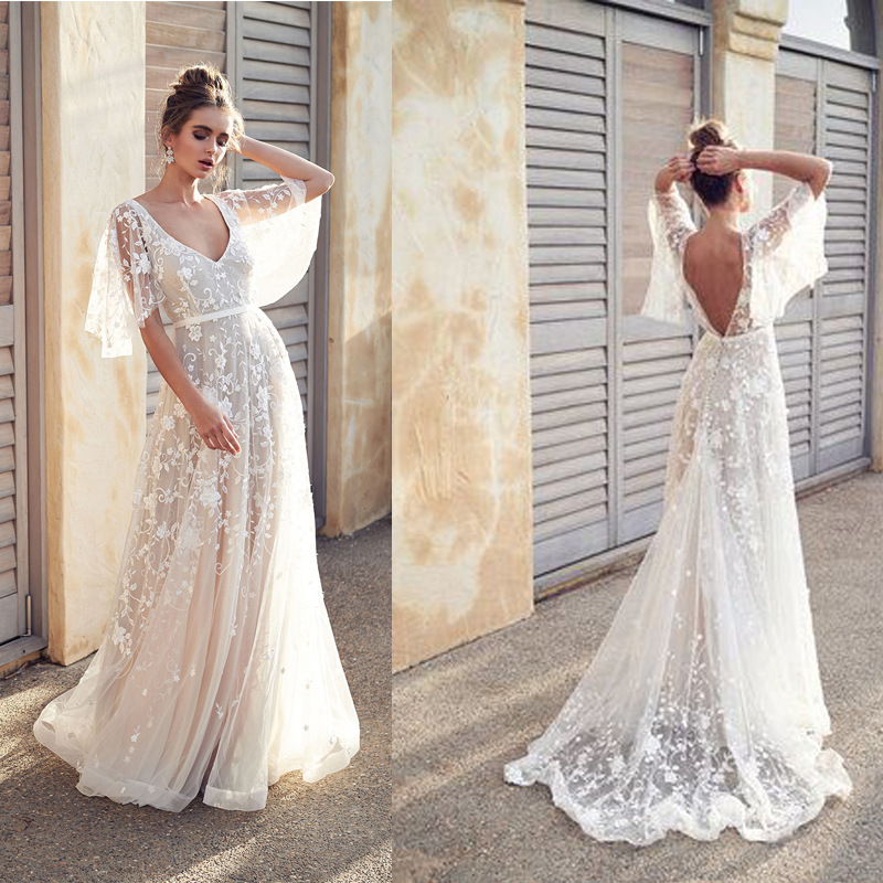 Robes pour femmes 2026 sexy transparentes en dentelle col en V dos nu demi-manches automne robes longues européennes vêtements pour femmes vestidos