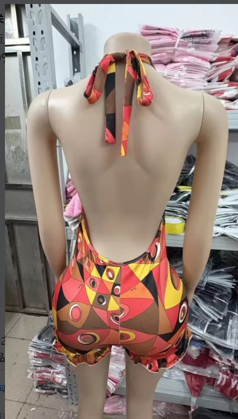 Combinaison Courte Chic Femme Imprimé Tribal Africain Wax Col Halter Dos Nu Col V Sexy Club Été 2026