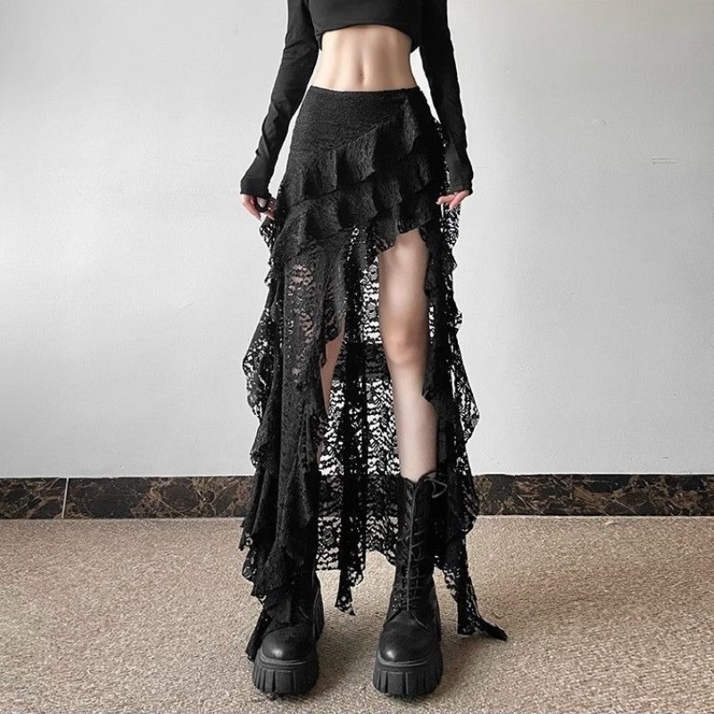 Jupe gothique années 2000, vêtements d'été pour femmes, Gyaru Kpop, Streetwear, dentelle, taille haute, décontractée, esthétique, longue, Hip Hop