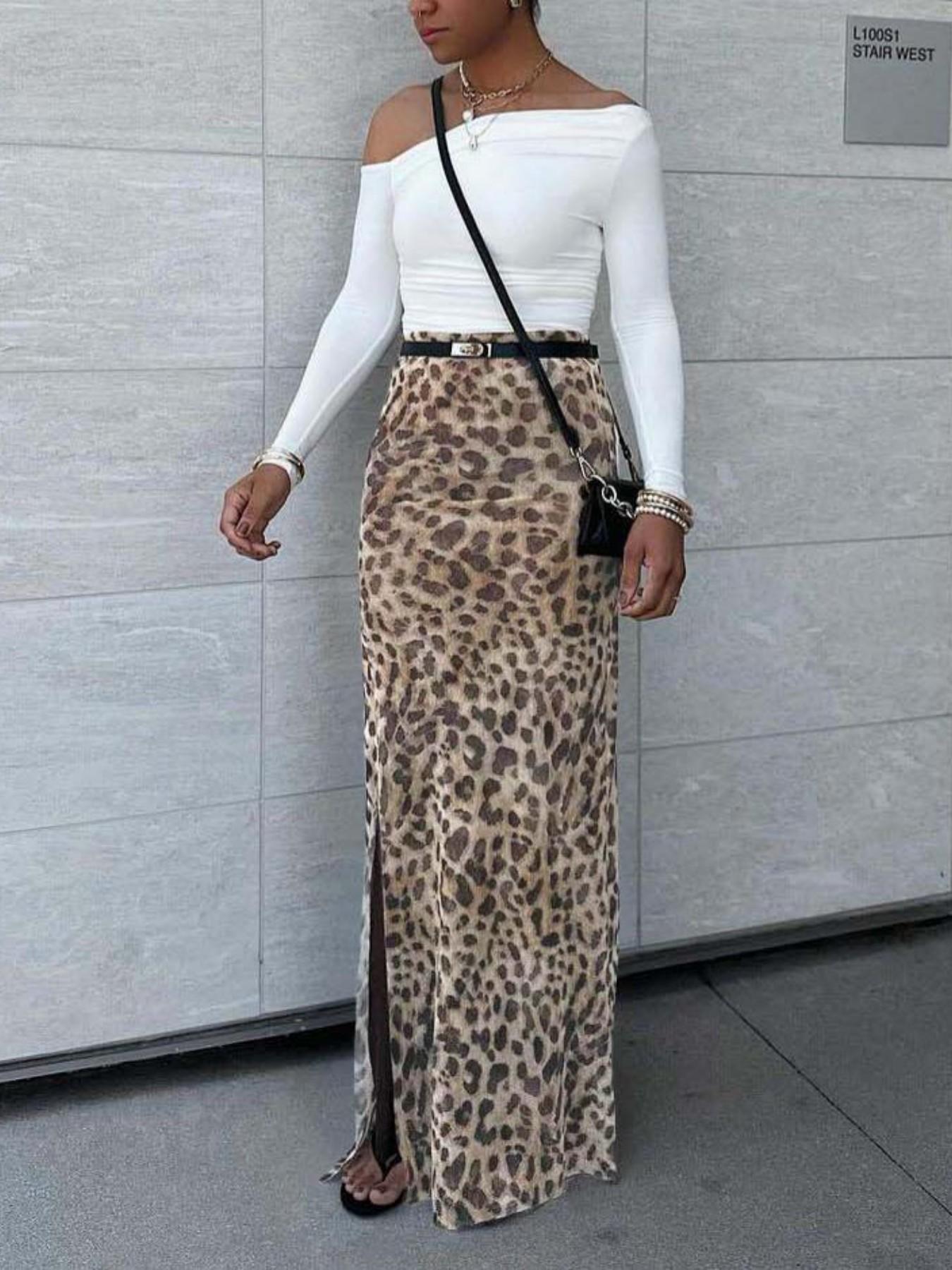 Jupe longue en maille imprimé léopard taille haute pour femme, coupe ajustée en H, design fendu, bas de tenue polyvalent et tendance