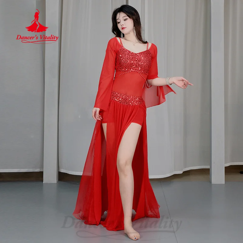 Vêtements d'entraînement de danse du ventre pour femmes, ensemble confortable et léger en maille à paillettes, Costumes de spectacle de danse orientale pour filles