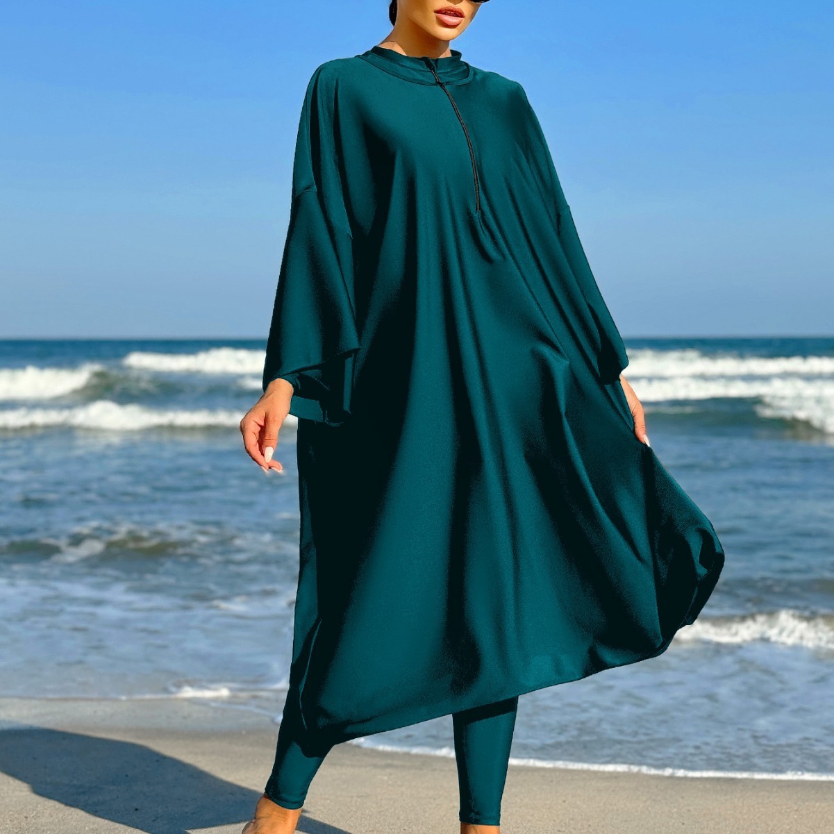 Burkini pour femmes, robe longue à manches longues et col montant, vert turquoise, maillot de bain modeste, robe maxi, robe de bain avec fermeture éclair sur le devant