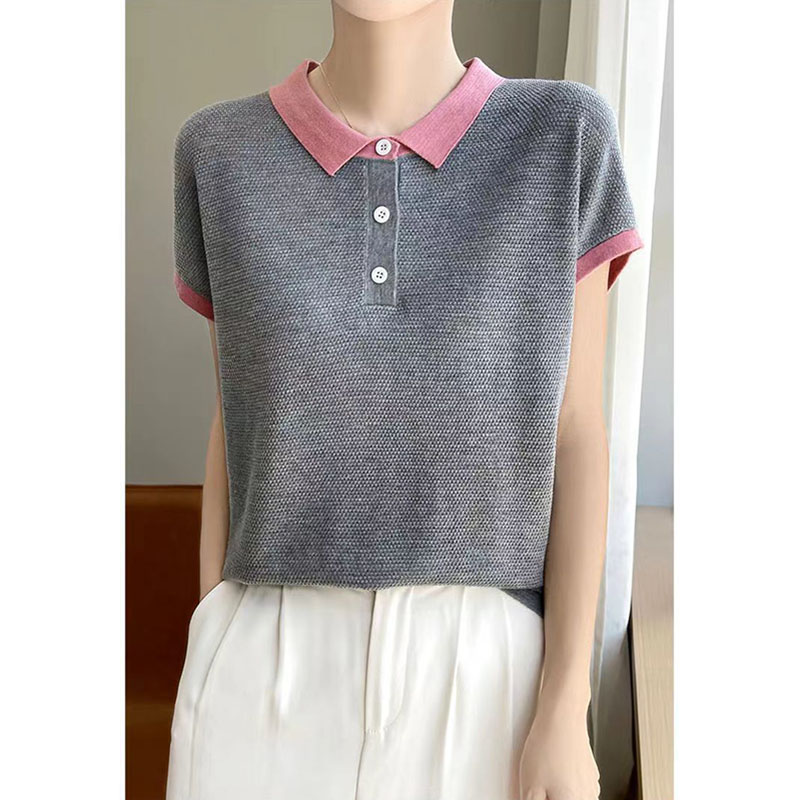 T-shirt femme 2025 été mode réduction de l'âge dame T-shirt tempérament Version coréenne col POLO dames hauts tricotés