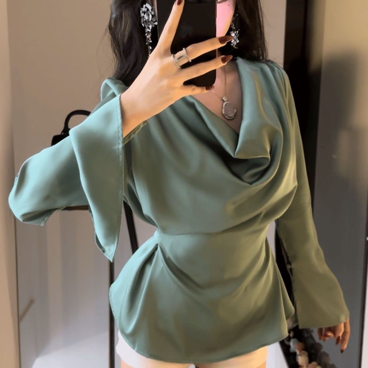 InjSatin-Chemisier évasé à manches longues pour femme, haut basique, tunique bandage, bureau décontracté, coréen, élégant, luxe