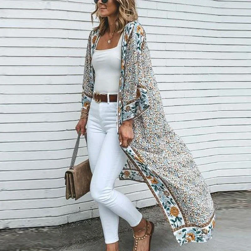 TEELYNN-Cardigan kimono long pour femme, chemise vintage, imprimé floral, style boho, robe de plage, été 2024