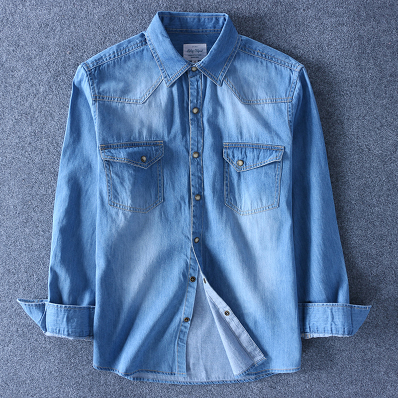 Chemise en jean à manches longues pour hommes, en coton doux, Double poches, Slim, légèrement élastique, hauts bleus, vêtements de Cowboy