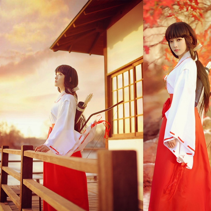Costume de cosplay Anime Inuyasha Kikyo, tenue japonaise de Miko, kimono blanc, pantalon Hakama rouge, uniforme de fête de carnaval pour femmes