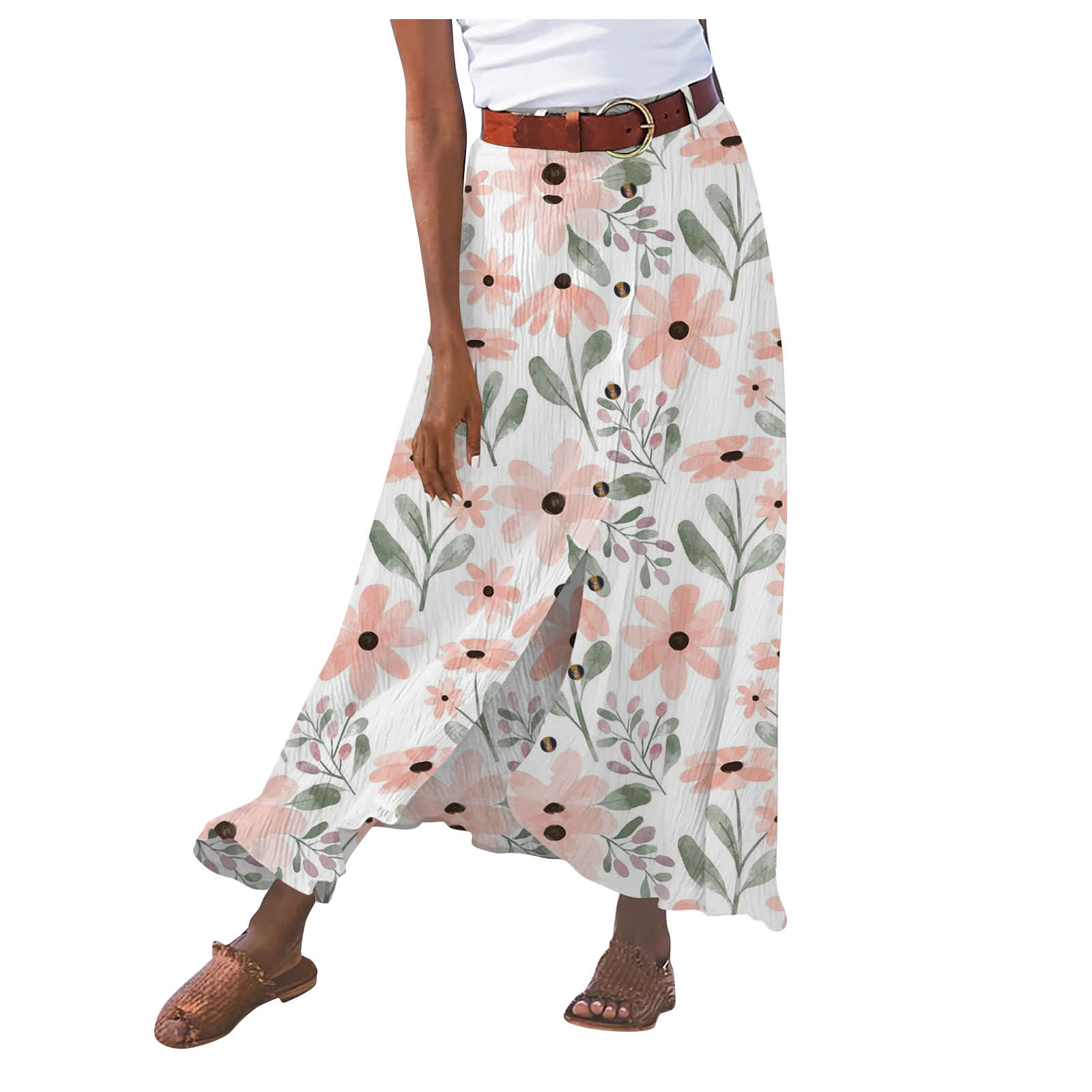 Jupe d'été en coton et lin pour femmes, fendue à boutons importants, imprimé floral, mode polyvalente, vacances, plage, jupe mi-longue