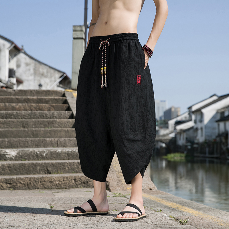 Pantalon Capris Kimono Style japonais pour hommes, rétro, Jacquard, longueur mollet, jambes larges, ample, surdimensionné, sarouel décontracté, Streetwear