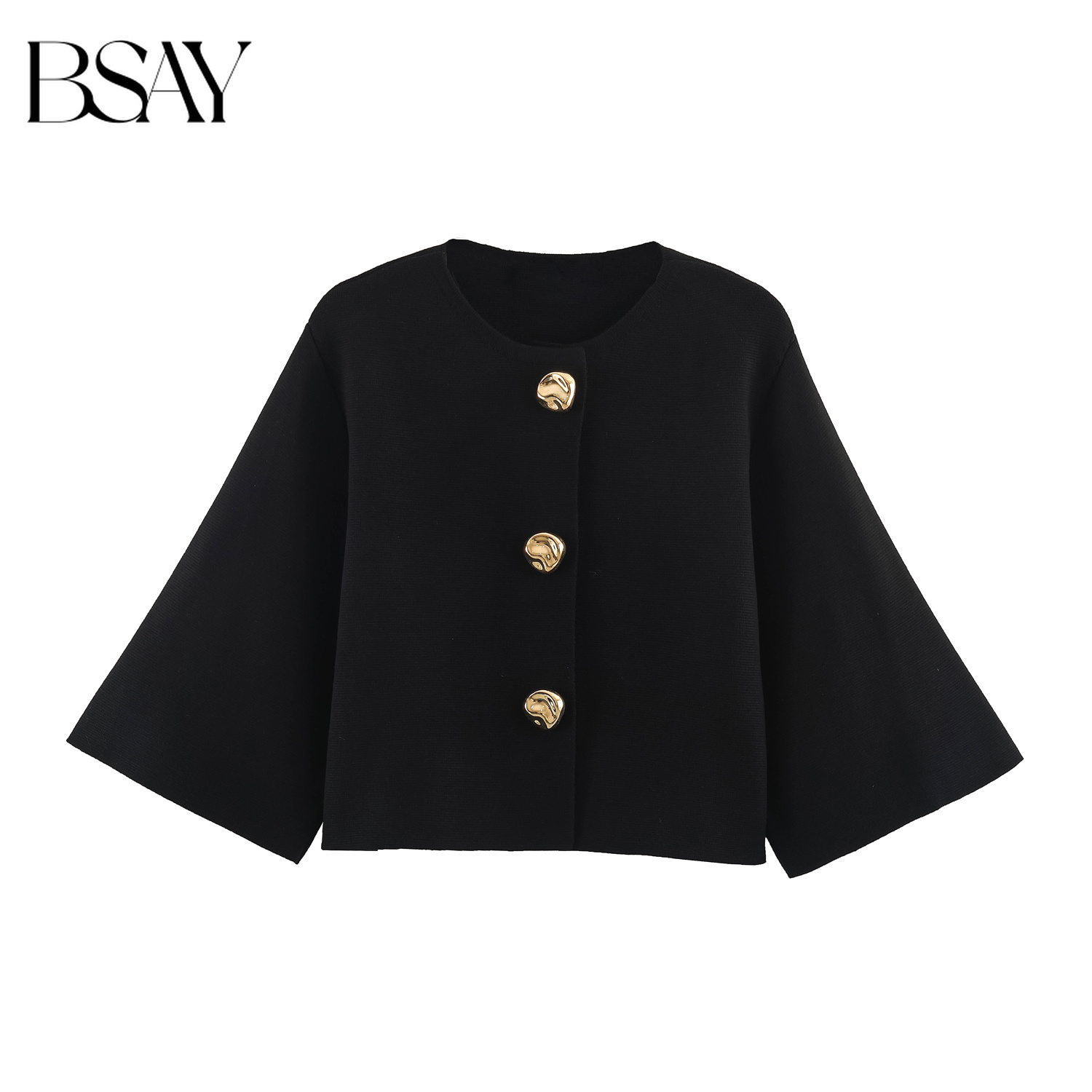 BSAY Veste courte en tricot élégante pour femmes, col rond, manches évasées, boutons décoratifs dorés, cardigan court en tricot, veste d'extérieur