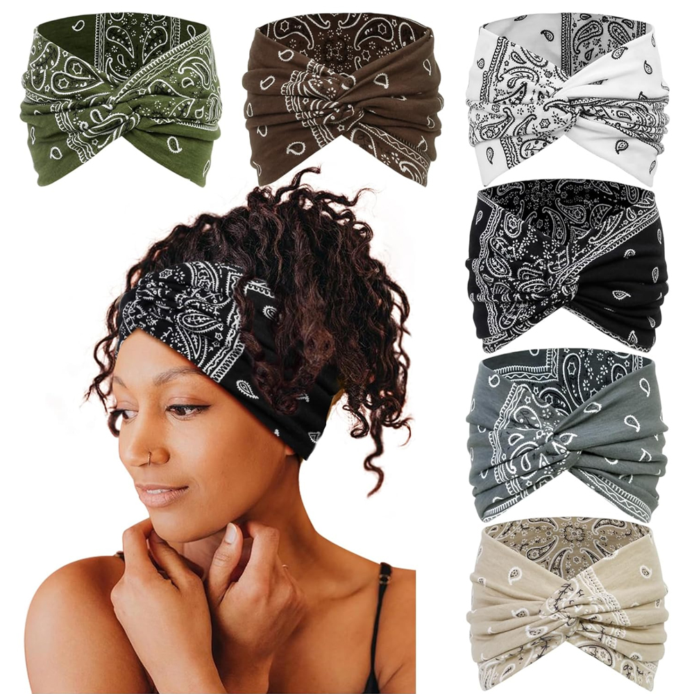 Boho large noué bandeau doux élastique imprimé Turban bandeau pour femmes filles Sport Yoga entraînement été plage chapeaux