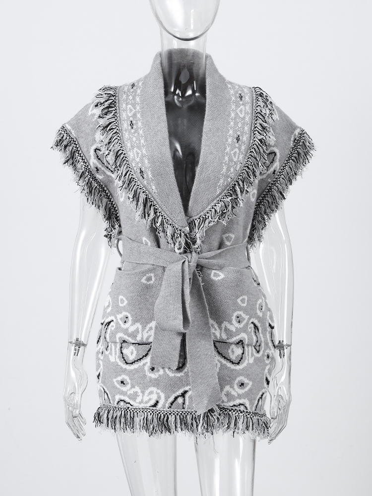 Mode frange imprimé tricoté gilet pour femmes décontracté sans manches cravate taille poches Cardigan manteau dame 2025 automne Chic vêtements d'extérieur