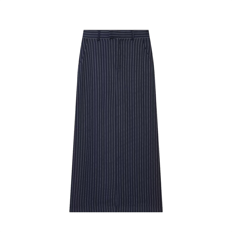 Jupe trapèze longue pour femme, nouvelle collection été 2026, bleu marine rayée, taille haute, fendue, élégante et stylée
