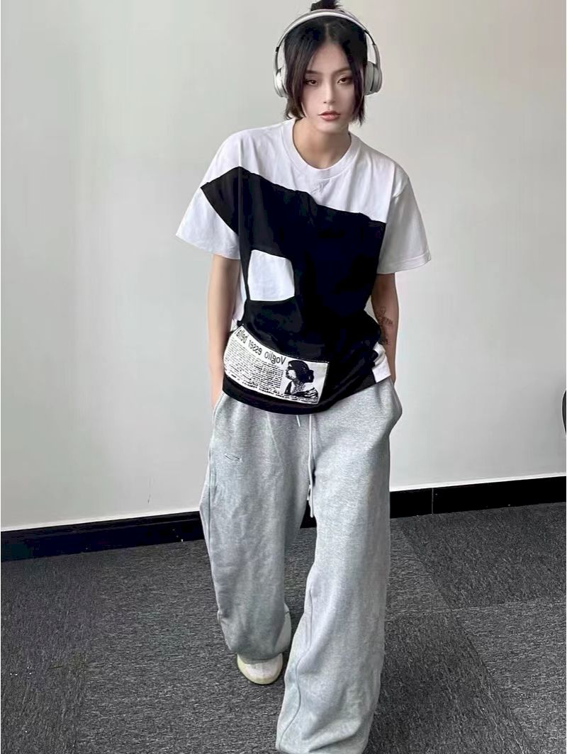T-shirt patchwork à manches courtes pour hommes et femmes, haut décontracté, noir, blanc, tendance, été, Y2K, mode, 2 pièces