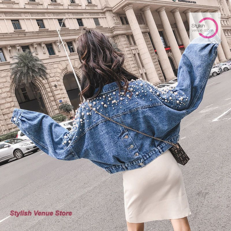 Veste en jean ample à perles style coréen pour femme, nouvelle collection printemps-automne, couleur unie, manteau décontracté élégant.
