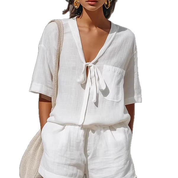 Ensembles de Blouses pour Femmes – 2 Pièces Décontractées en Promotion : Blouse à Lacets & Short Taille Haute Ample – NSFZC-Y3372