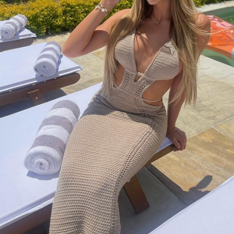 Style Sexy évider dos nu cravate robe femmes plage vacances maillots de bain couvrir tricot soleil bain crème solaire longue robe