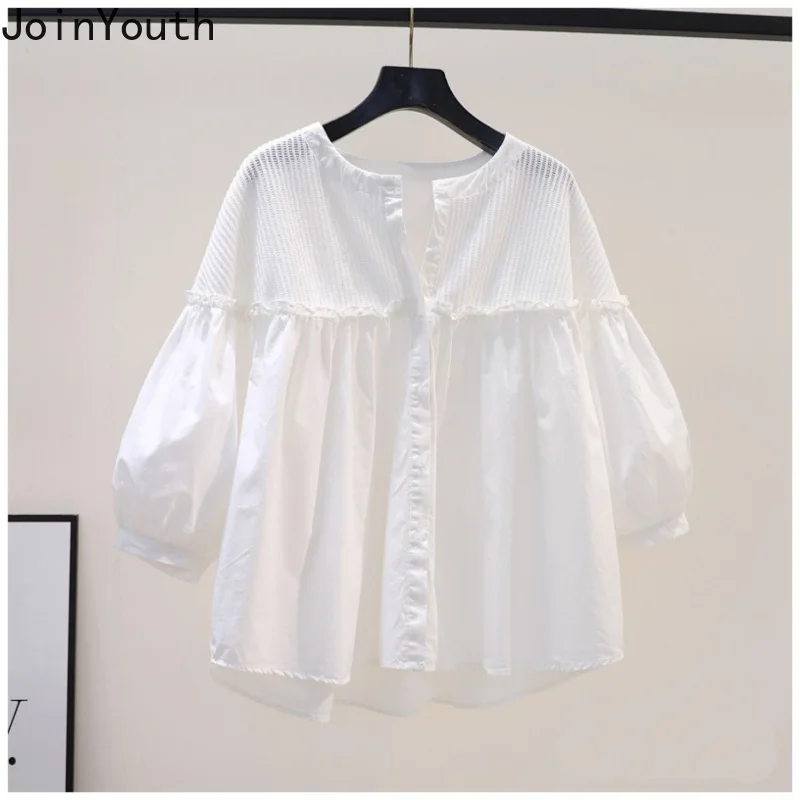 Chemisiers en coton femmes Patchwork rose chemise ample été doux volants Blouse col rond lanterne manches hauts 2025 Blusas Mujer De Moda