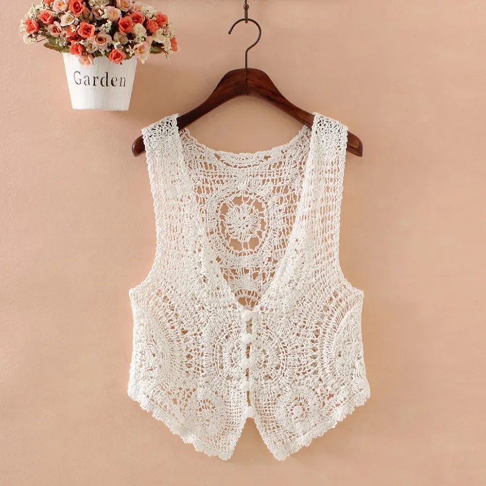 Veste d'été sans manches pour femmes, débardeur ajouré, couleur unie, gilet court en tricot, Cardigan au Crochet, pull, vêtements d'extérieur pour femmes