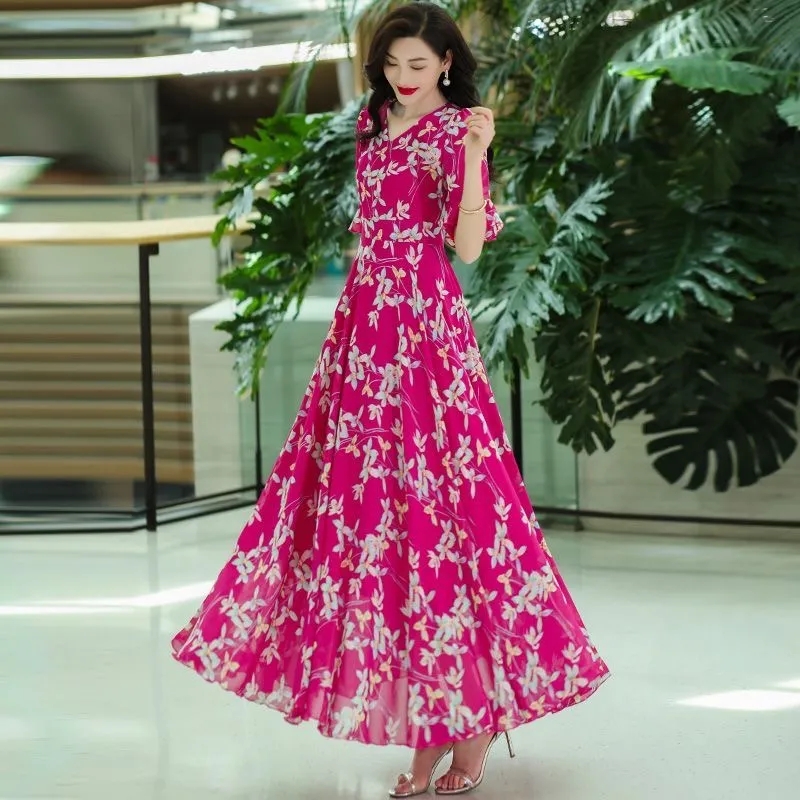 Robe longue imprimée en mousseline de soie pour femme, robe de plage mince bohème, col en V, manches moyennes, robe de soirée féminine, robe éducative, 4XL, nouveau, été, 2024