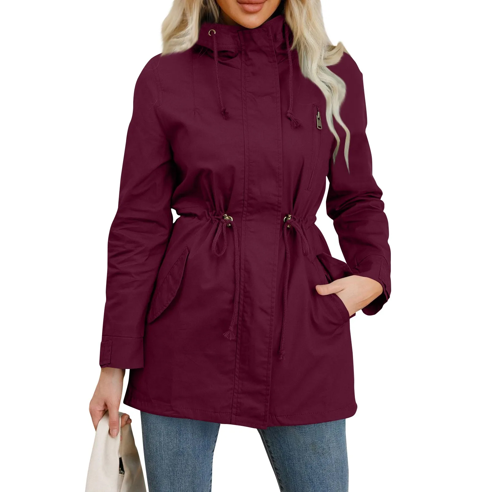 Trench-Coat à capuche pour femme, veste ajustée de couleur unie, pour le Camping quotidien en plein air et la randonnée, printemps-automne