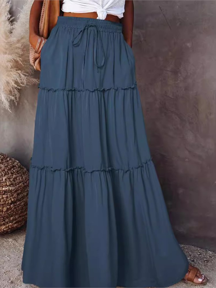 Jupe longue à volants pour femmes, nouvelle collection printemps-automne, couleur unie, à la mode, plus lente, superposée, taille haute, élastique