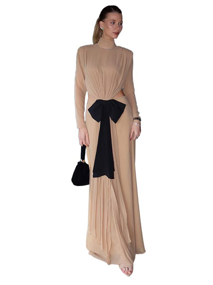 Nouvelle Robe Longue Chic Femme à Col Roulé, Découpes et Nœud, Manches Longues, Dos Nu, Plissée, Coupe Ajustée, pour Soirée et Cérémonie