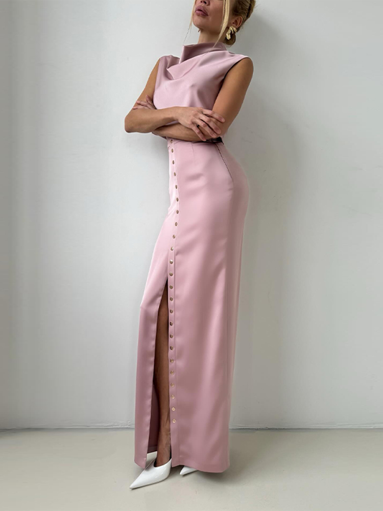 Ensembles élégants de jupes longues en satin pour femmes, col montant, sans manches, taille haute, fendues, coupe droite, tenues de soirée, nouvelle collection printemps 2026